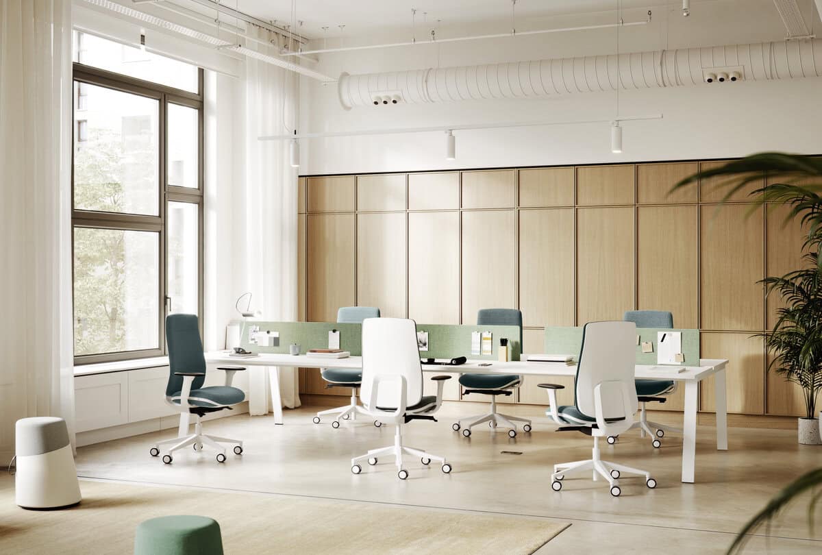 On y voit plusieurs fauteuils de bureau EMAN design