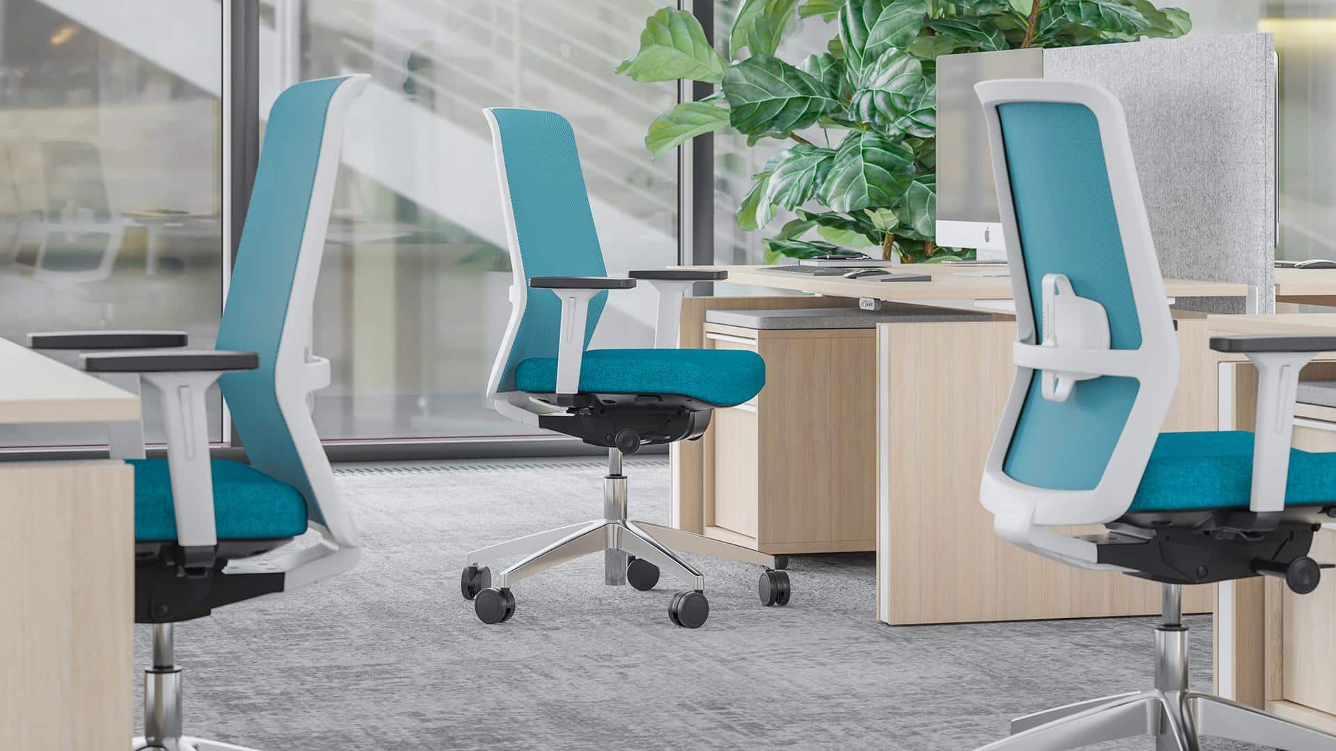 On y voit un intérieur d'entreprise avec des bureaux ergonomique bleu et blanc