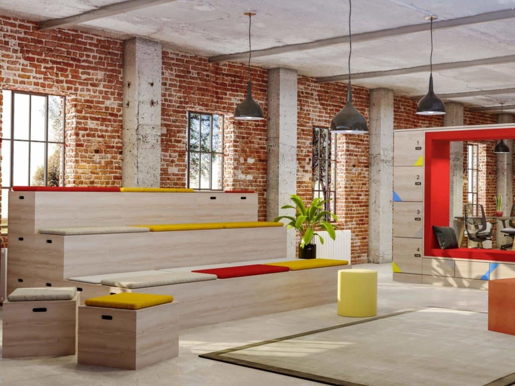 On y voit une estrade design dans un intérieur professionnel