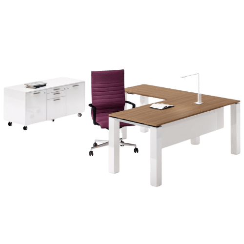 On y voit un bureau de direction design avec 4 pieds blanc, un plateau bois ainsi qu'une espace de rangement