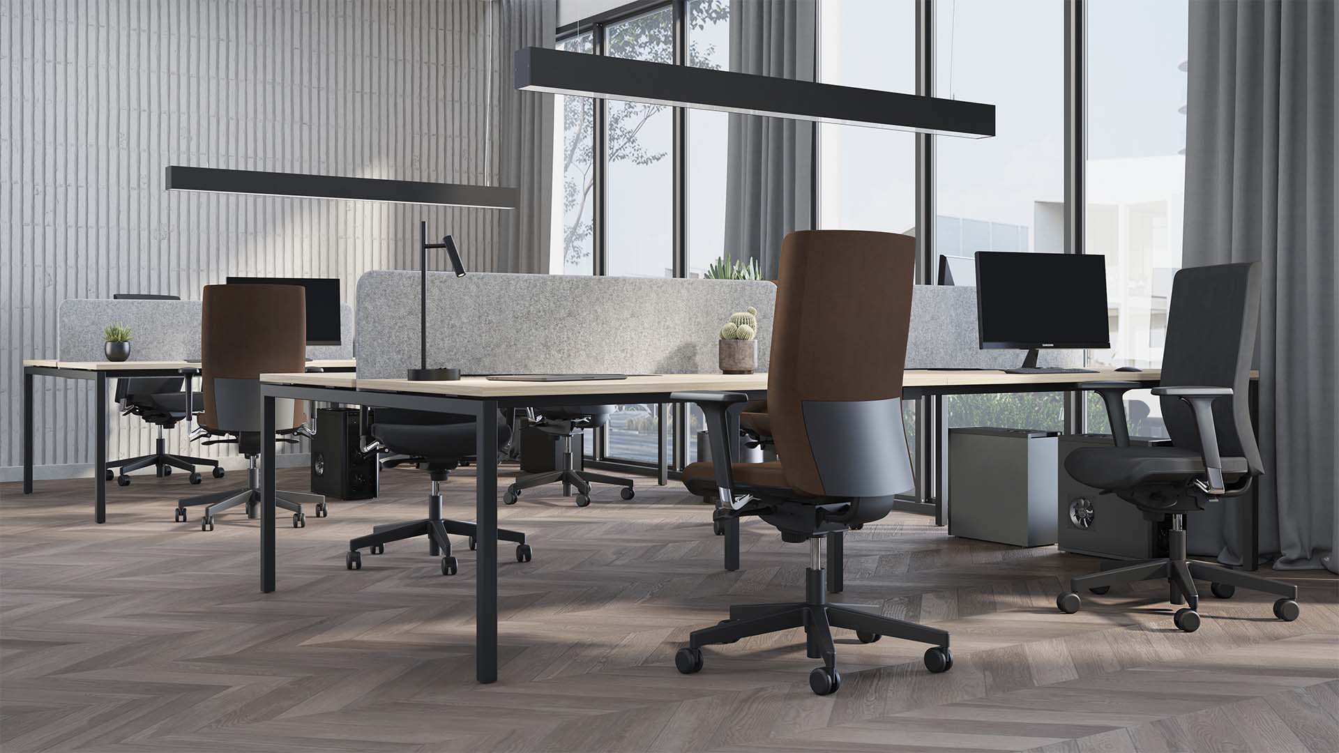 On y voit un bureau opérateur dans un intérieur professionnel design