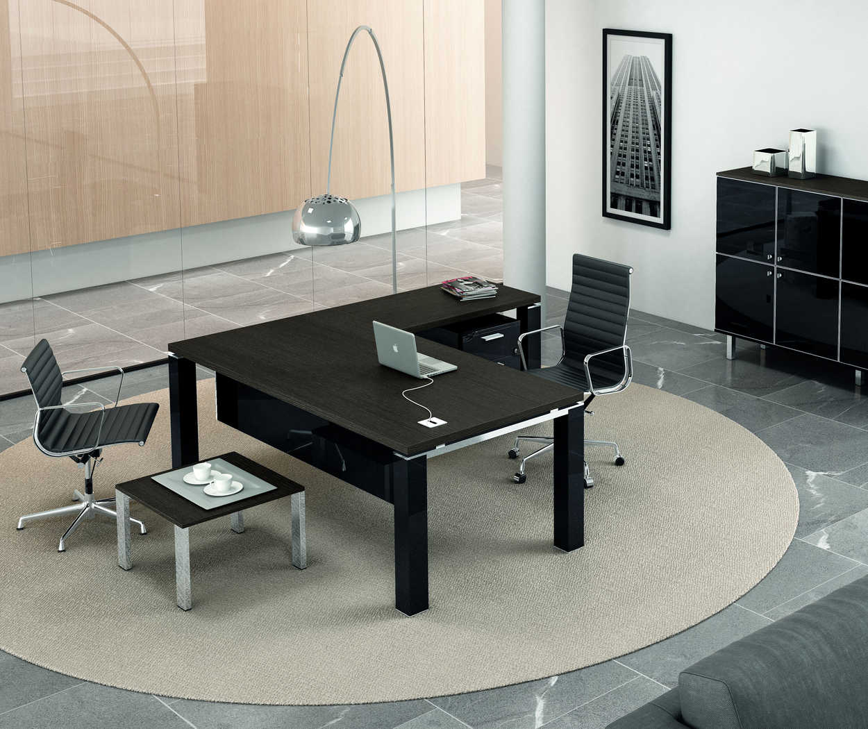On y voit un bureau de direction design noir dans un intérieur professionnel