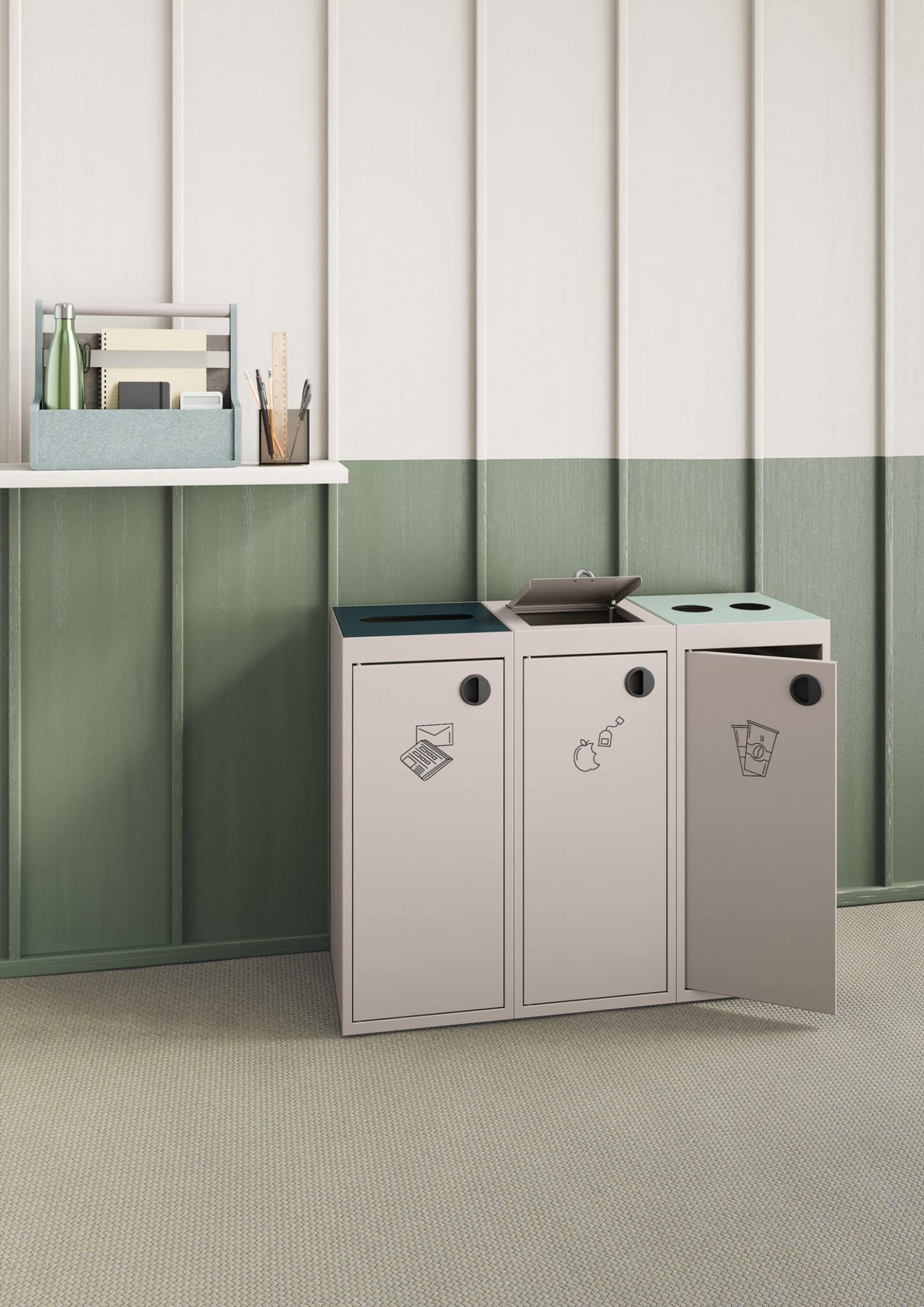 On y voit une poubelle de tri collective design