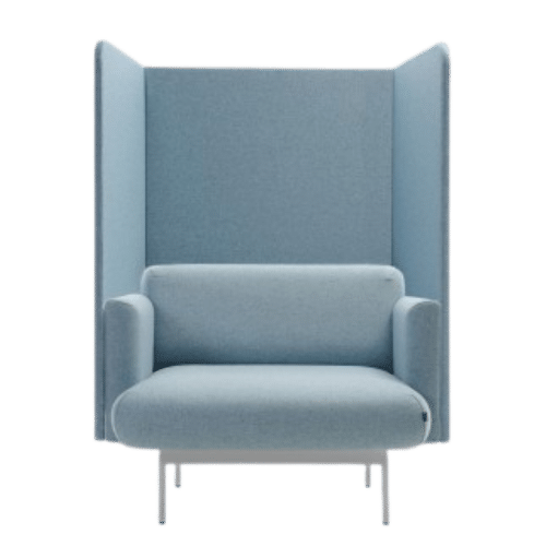 On y voit un canapé acoustique design bleu