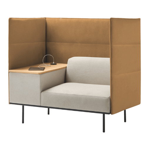 On y voit une banquette modulable bois et blanc