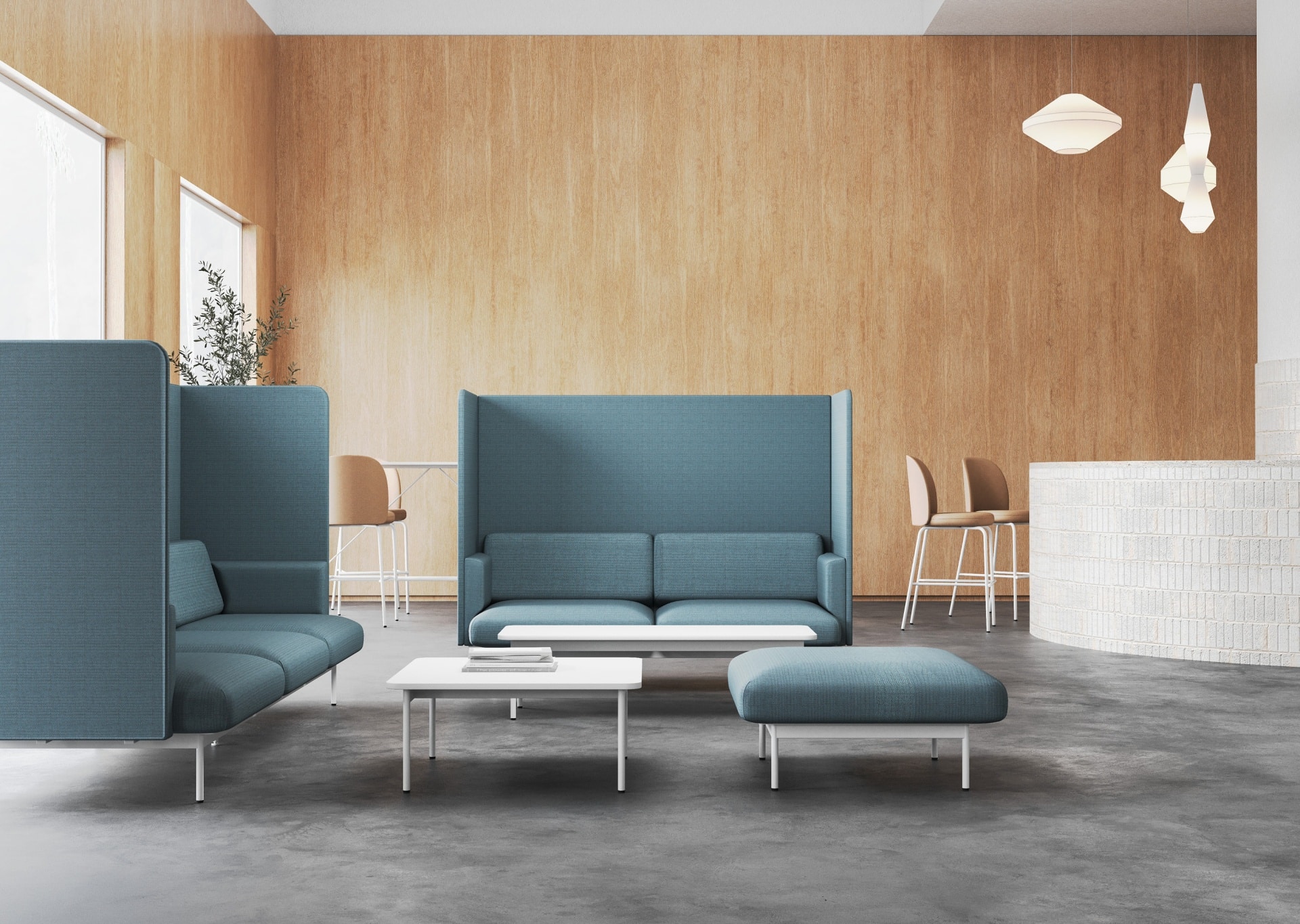 On y voit un canapé acoustique bleu