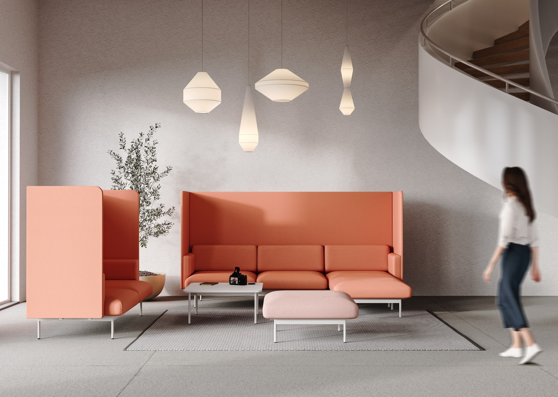 On y voit un canapé acoustique orange