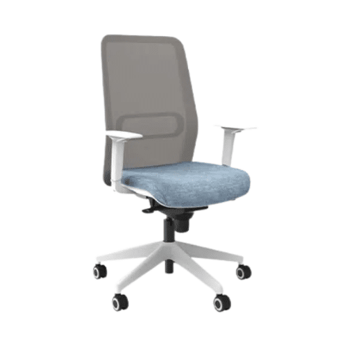 On y voit un fauteuil de bureau opérateur design bleu
