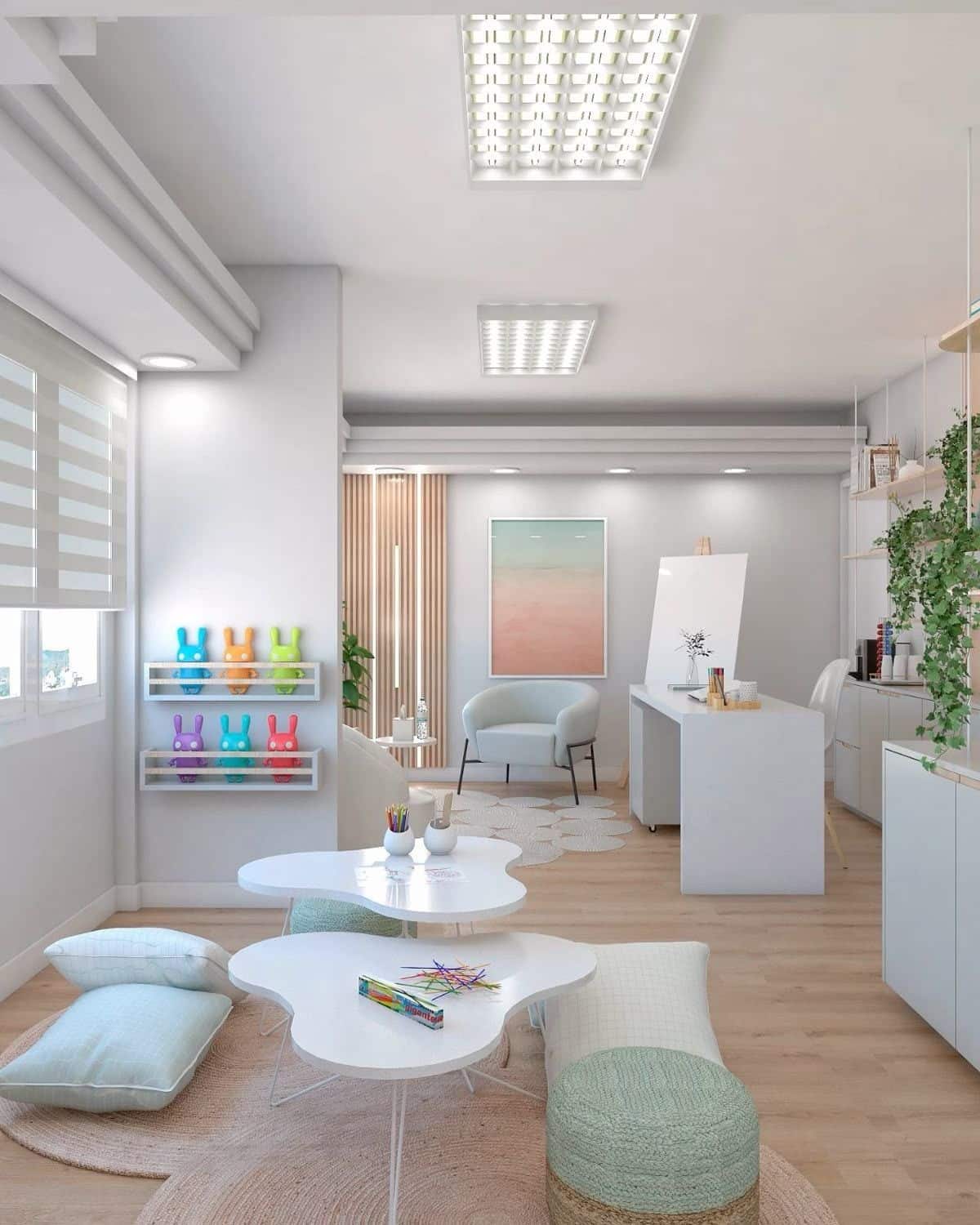 On y voit un intérieur professionnel pour un cabinet d'orthophonistes design