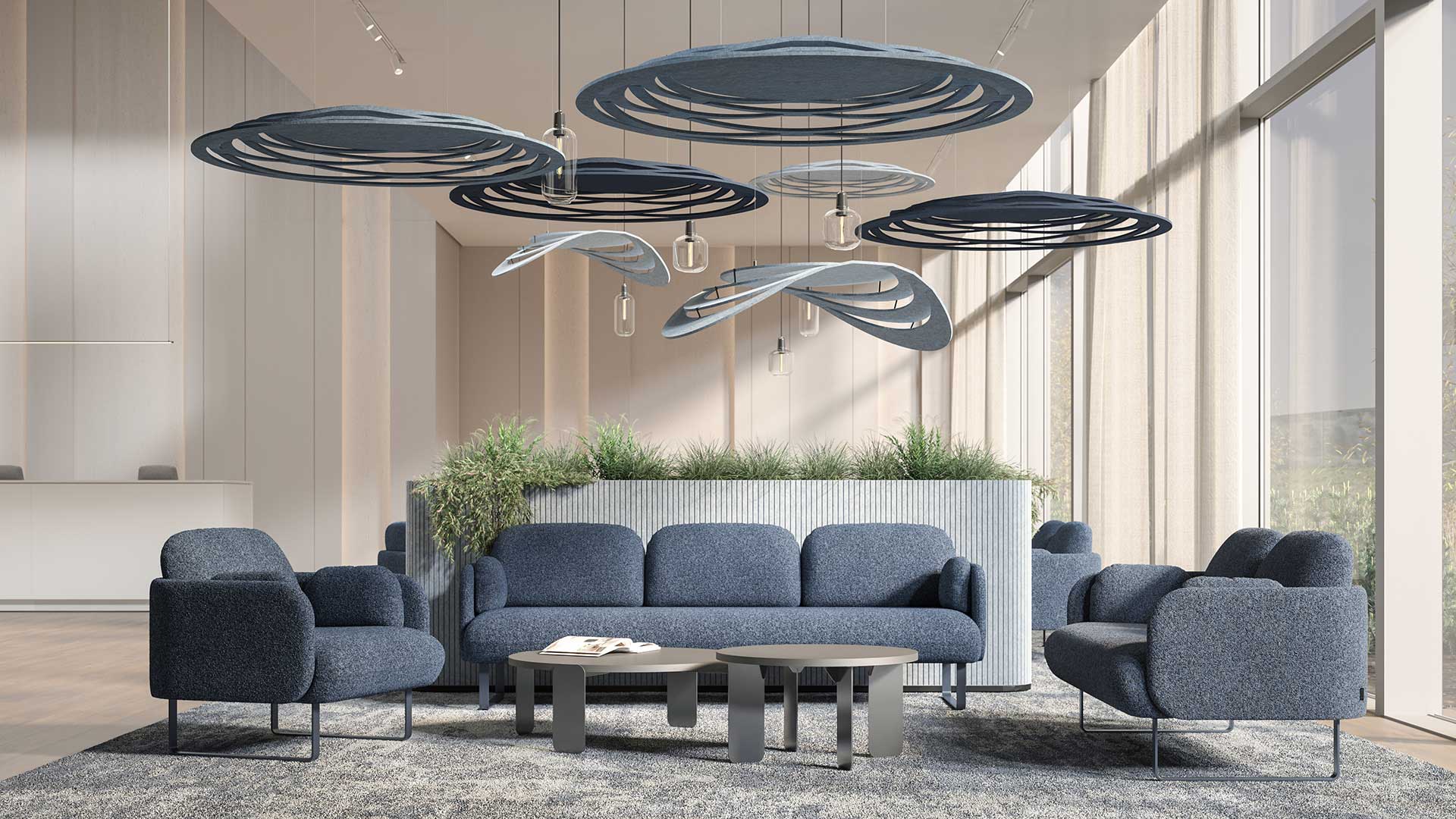 On y voit un panneau acoustique design dans un intérieur professionnel