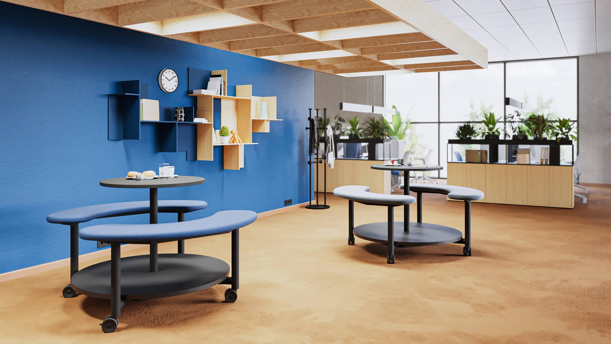 On y voit une table de coworking noir dans un intérieur professionnel design