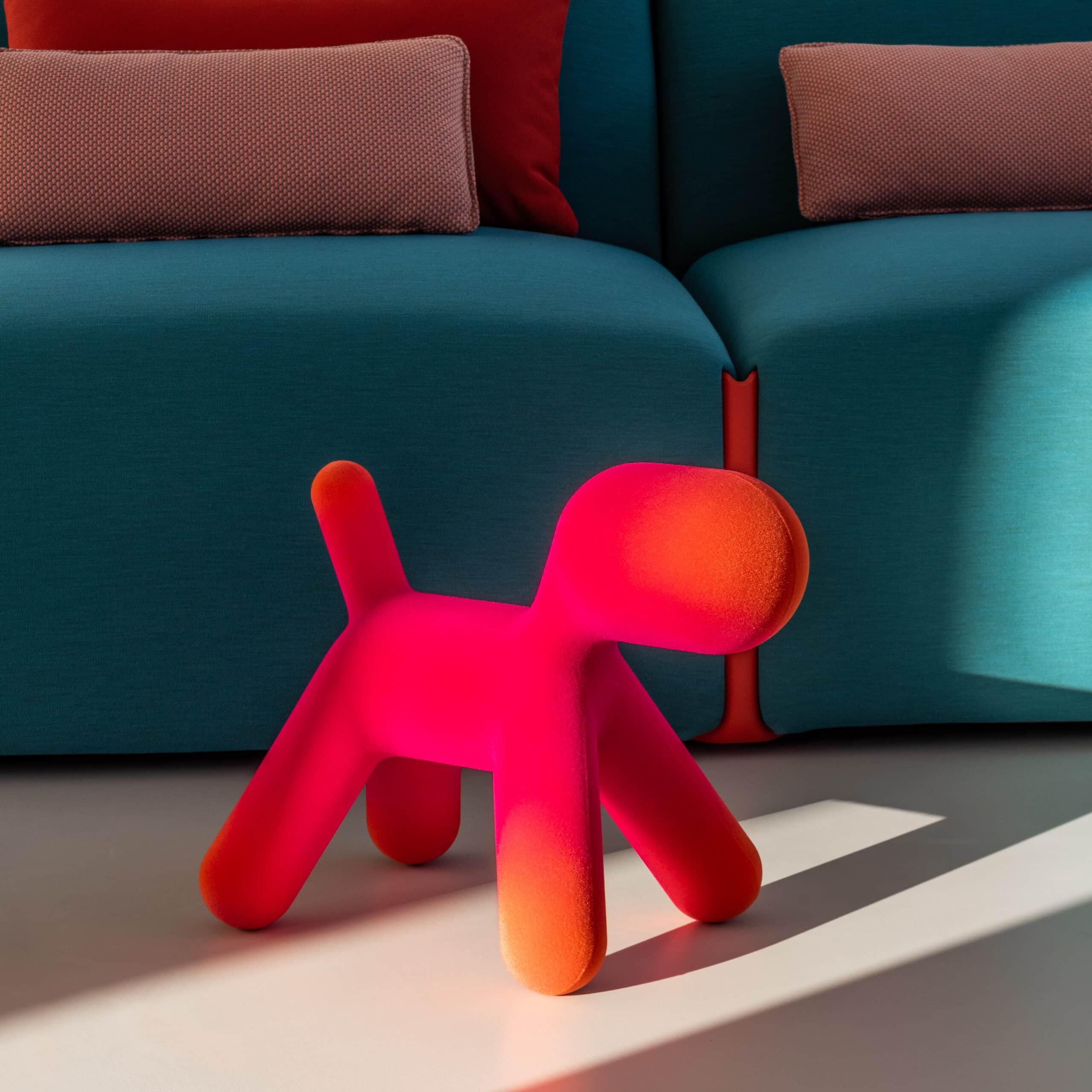 On y voit un chien design dans un intérieur professionnel