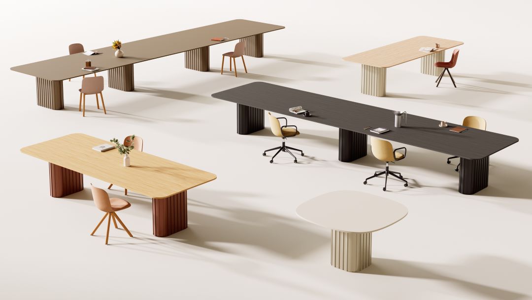 On y voit une collection de table de design dans un intérieur professionnel