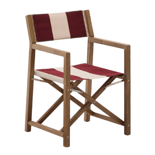 On y voit une chaise extérieur design rouge et blanche en bois