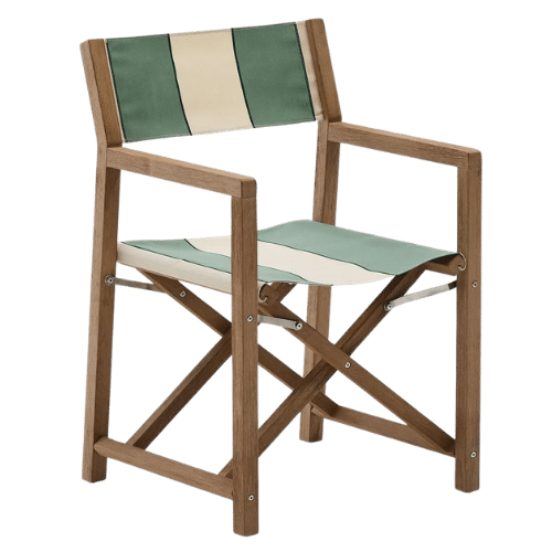 On y voit une chaise extérieur design verte et blanche en bois