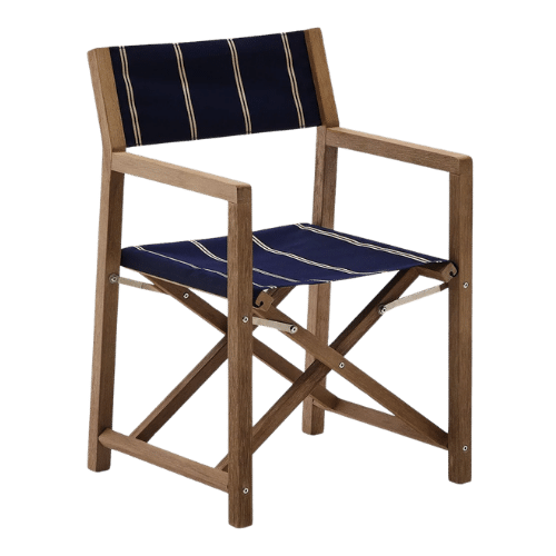 On y voit une chaise extérieur design bleu et blanche en bois