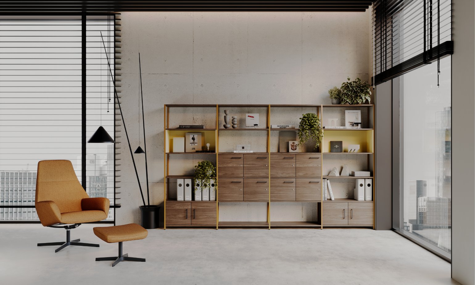 On y voit un rangement design dans un intérieur professionnel
