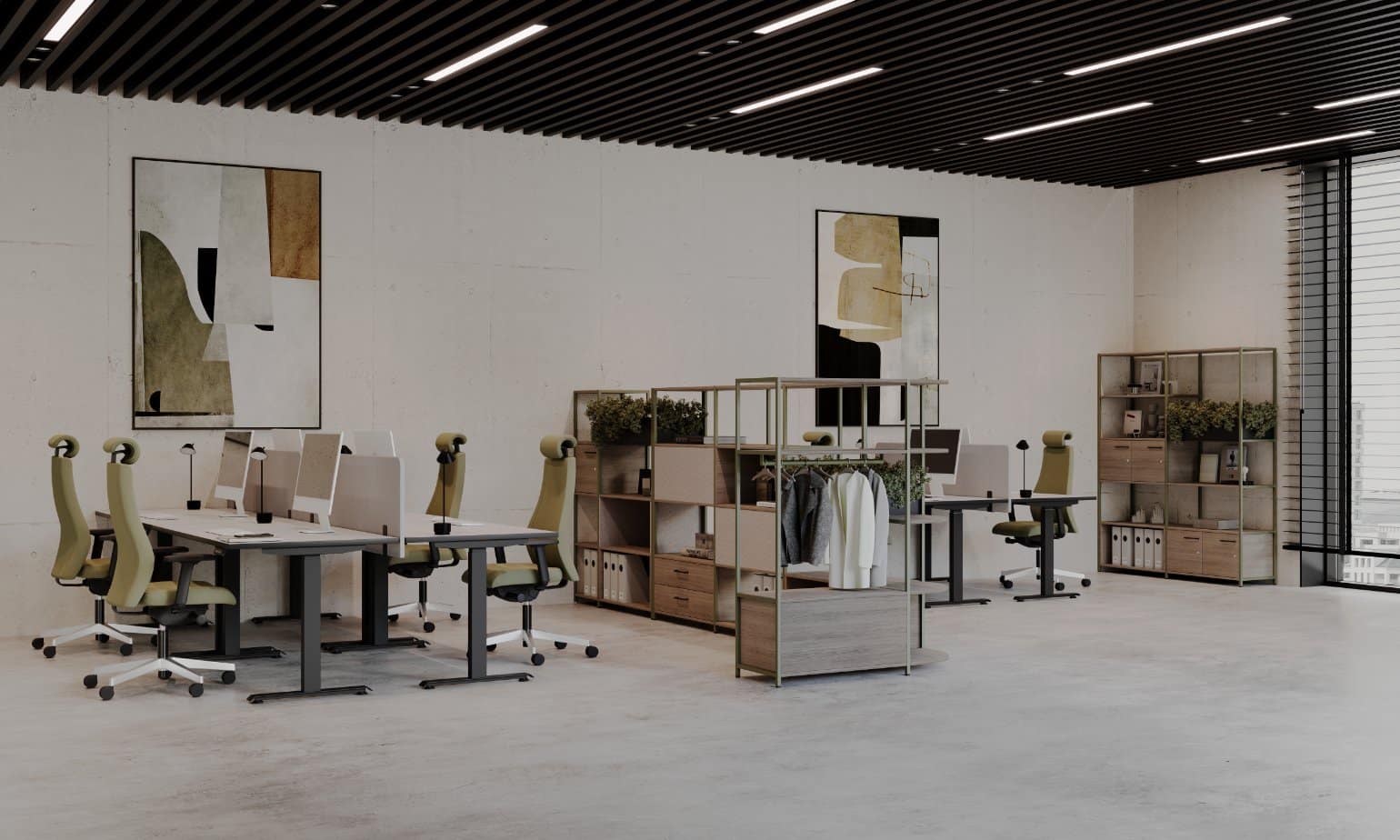 On y voit un rangement design dans un intérieur professionnel