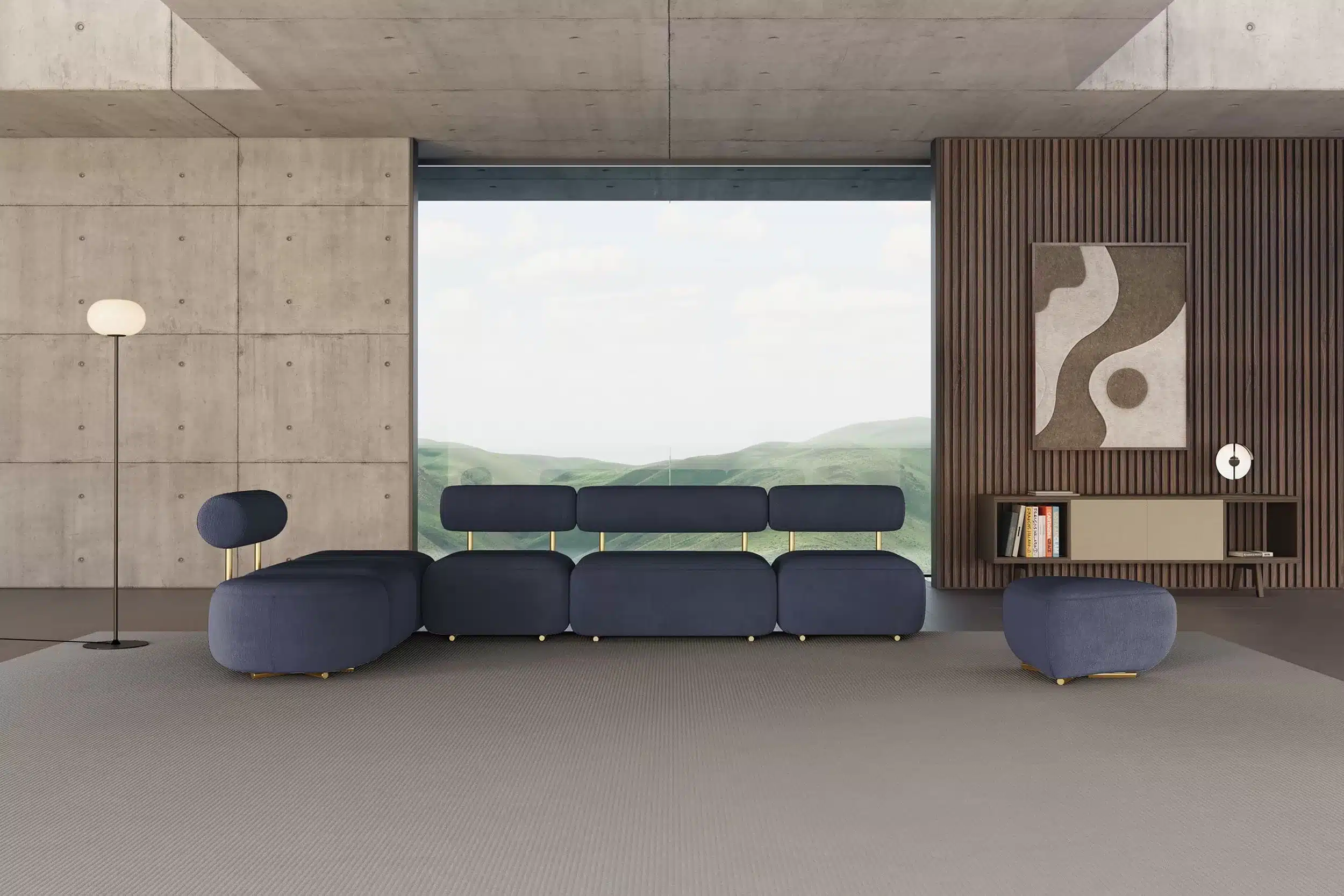 On y voit un canapé lounge dans un espace professionnel design