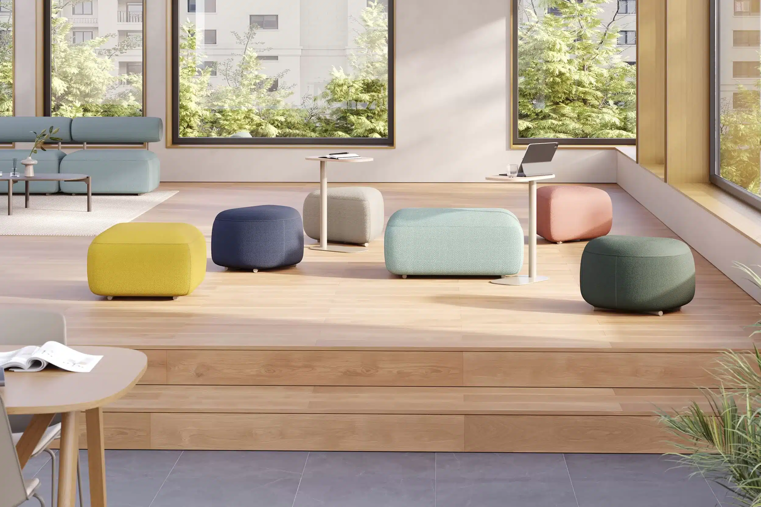 On y voit un canapé lounge dans un espace professionnel design