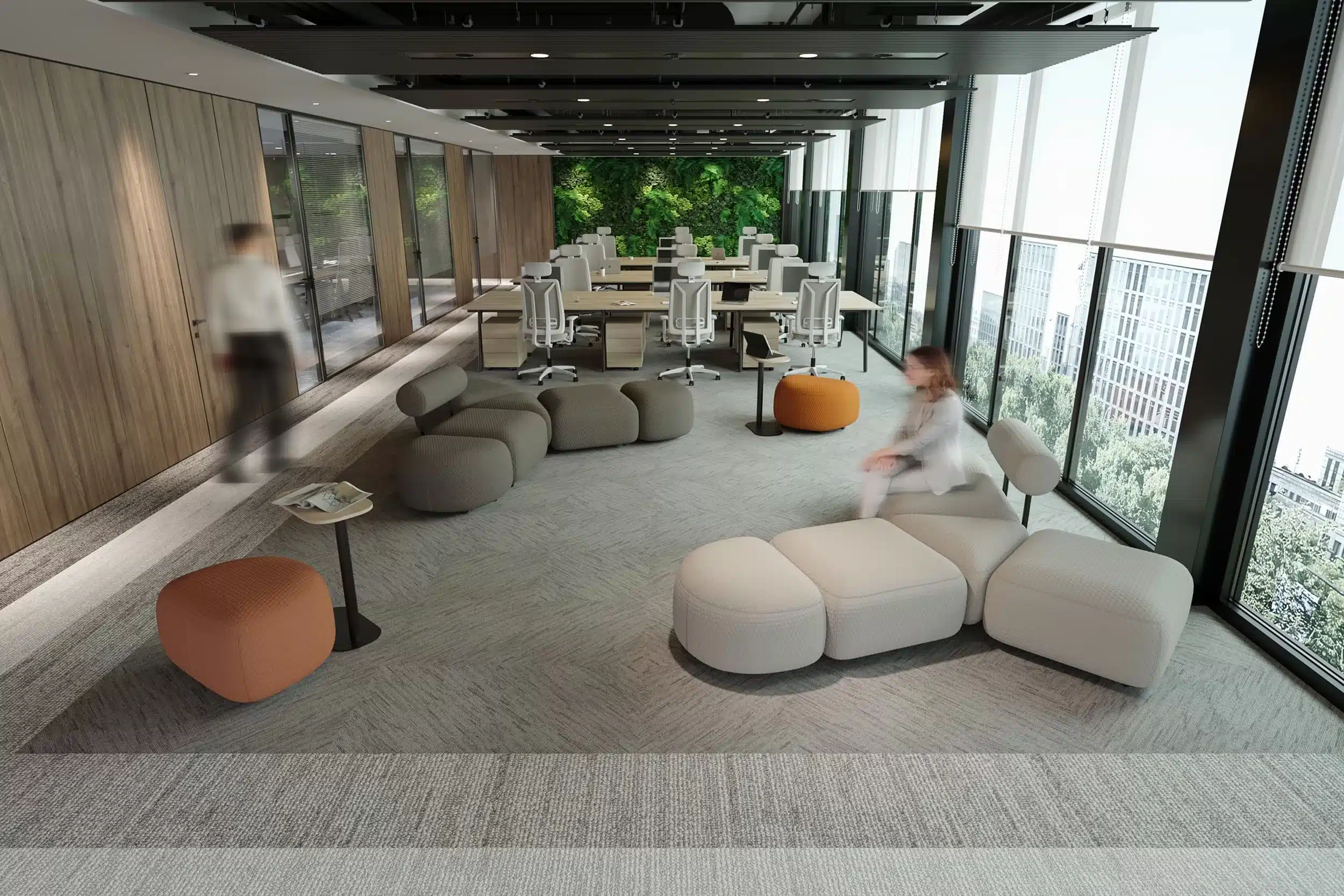 On y voit un canapé lounge dans un espace professionnel design