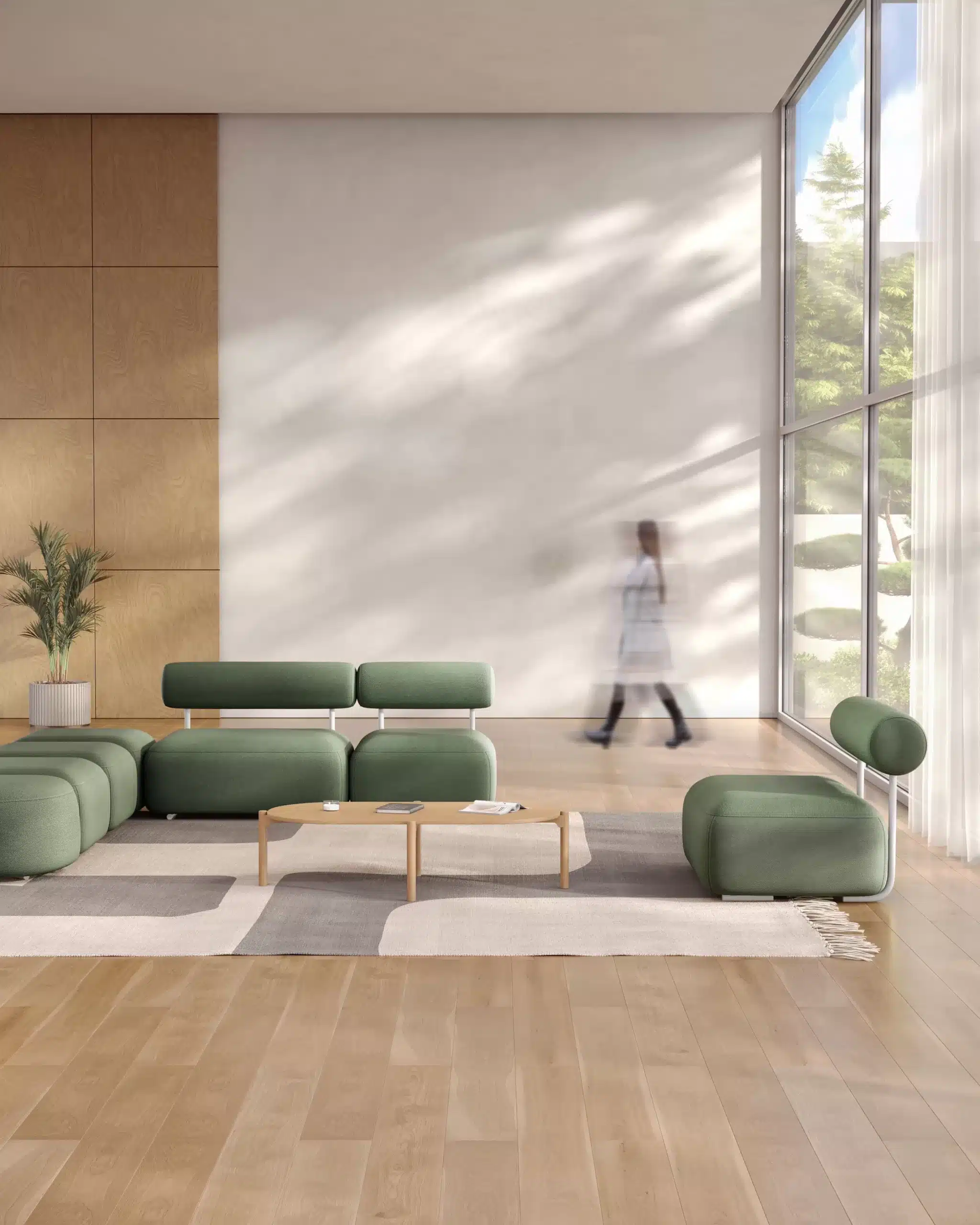 On y voit un canapé lounge dans un espace professionnel design