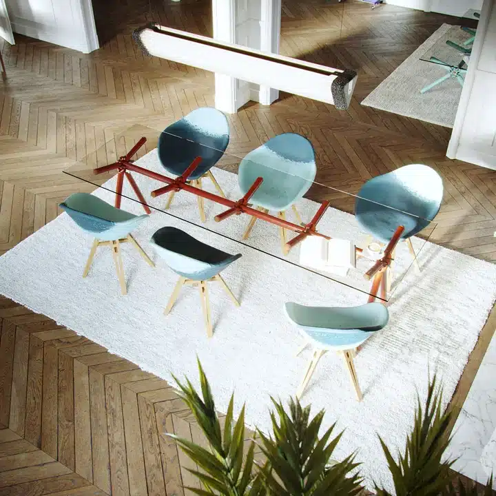 On y voit un intérieur professionnel design avec du mobilier de seconde main