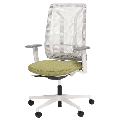 On y voit un fauteuil de bureau blanc et vert design