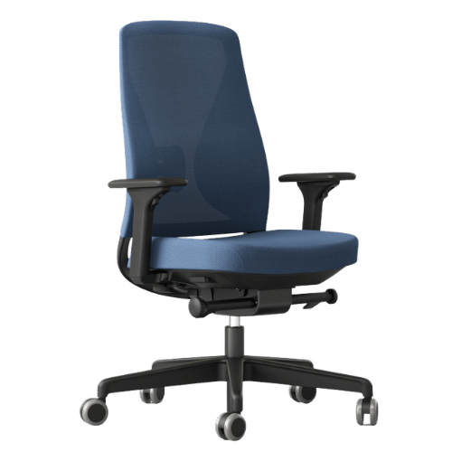 On y voit un fauteuil opérateur design bleu