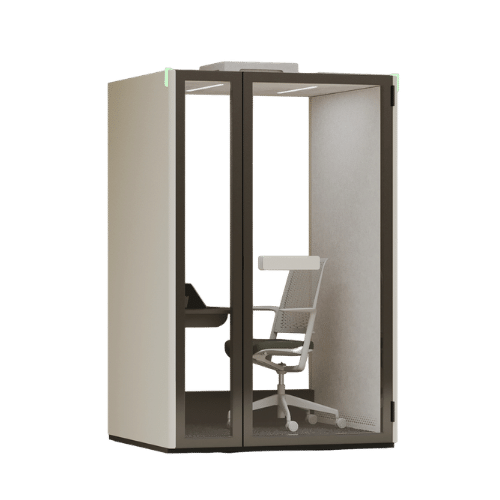 On y voit une cabine acoustique design beige