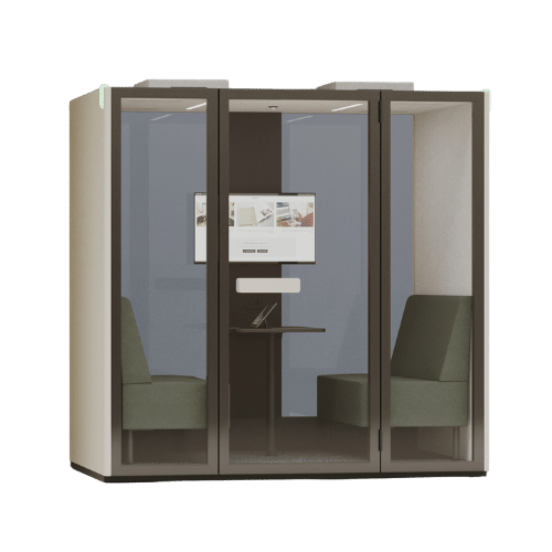On y voit une cabine acoustique design beige