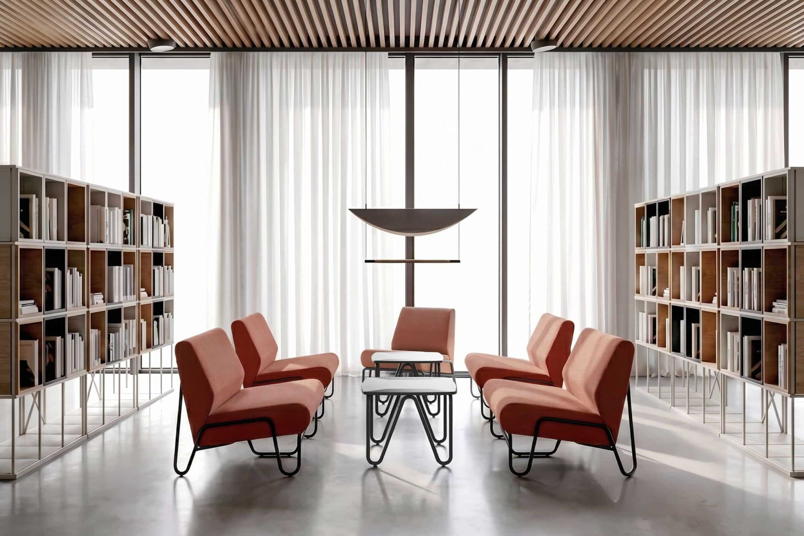 On y voit un fauteuil lounge design dans un intérieur professionnel
