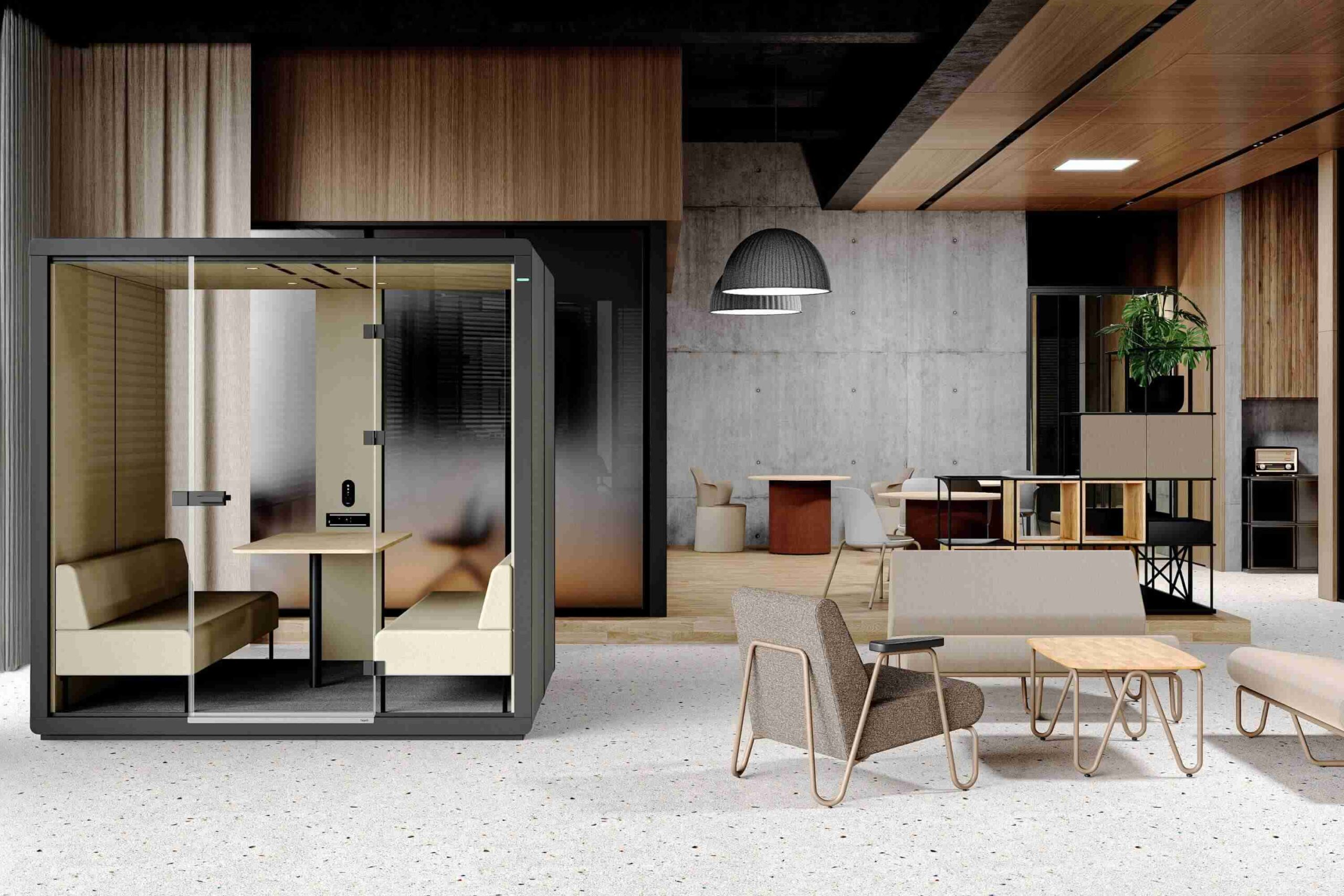 On y voit un fauteuil lounge design dans un intérieur professionnel