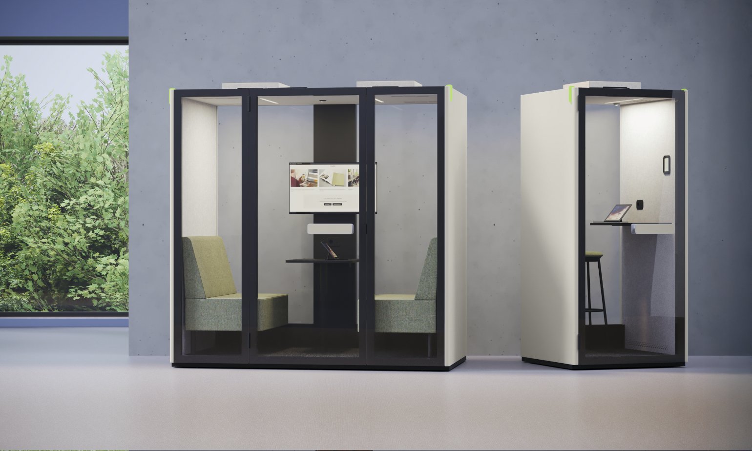 On y voit une cabine acoustique design dans un intérieur professionnel