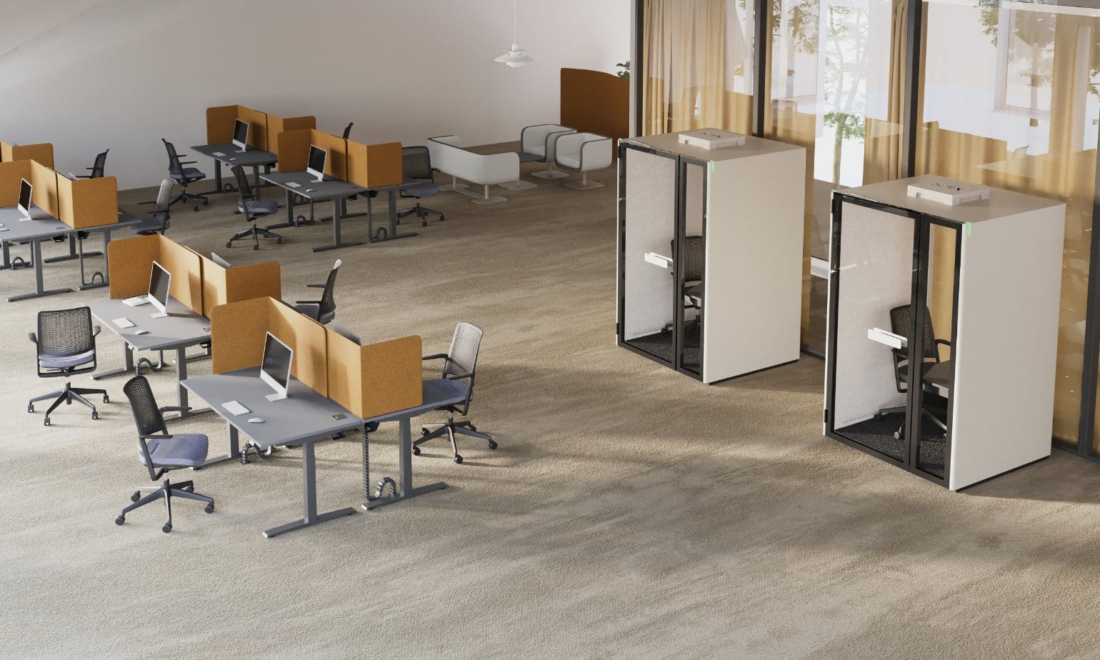 On y voit une cabine acoustique design dans un intérieur professionnel