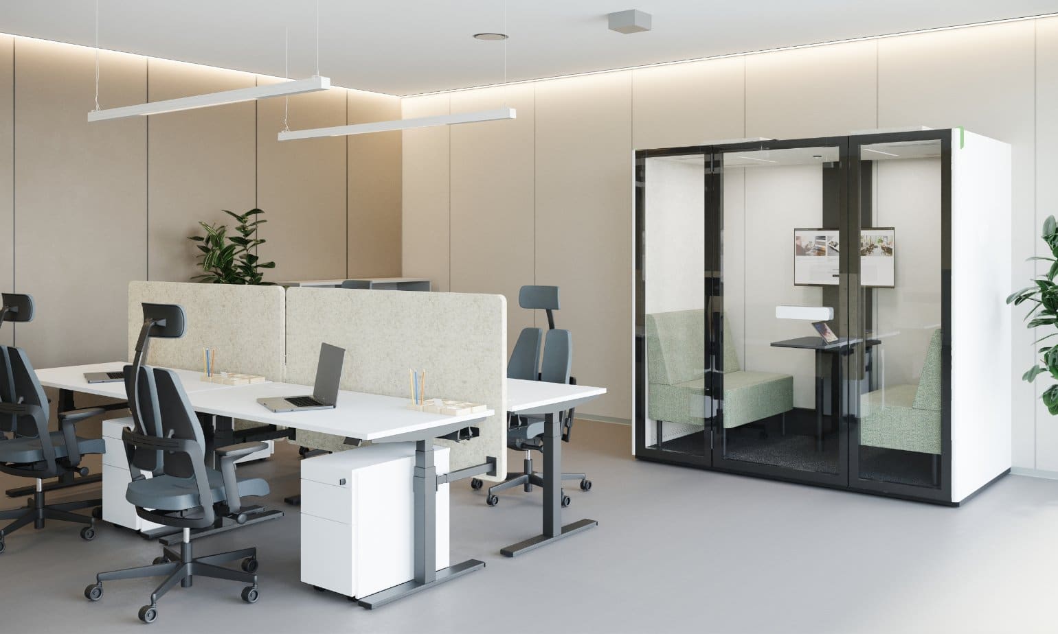 On y voit une cabine acoustique design dans un intérieur professionnel